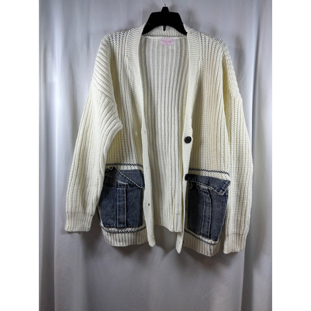 Pink Lily Cream Chunky Knit Cardigan Denim Pocket Mixed Media Sweater Womens M